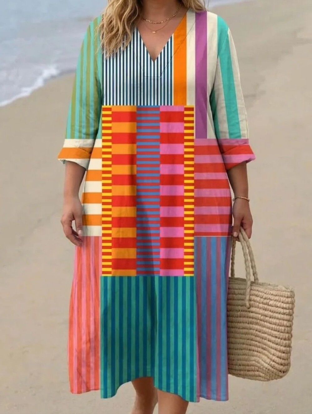 Retro Dress with Geometric Print Women's 2X Vacation Beach Casual